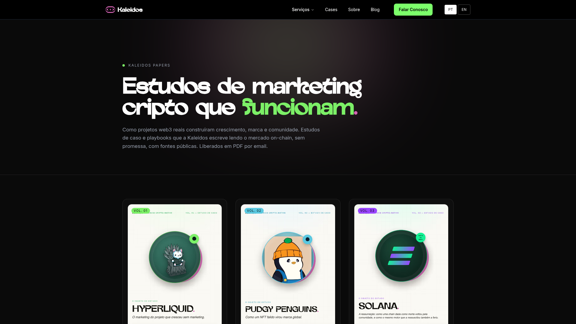 Página de papers da Kaleidos com estudos de caso de marketing cripto de projetos como Hyperliquid e Pudgy Penguins