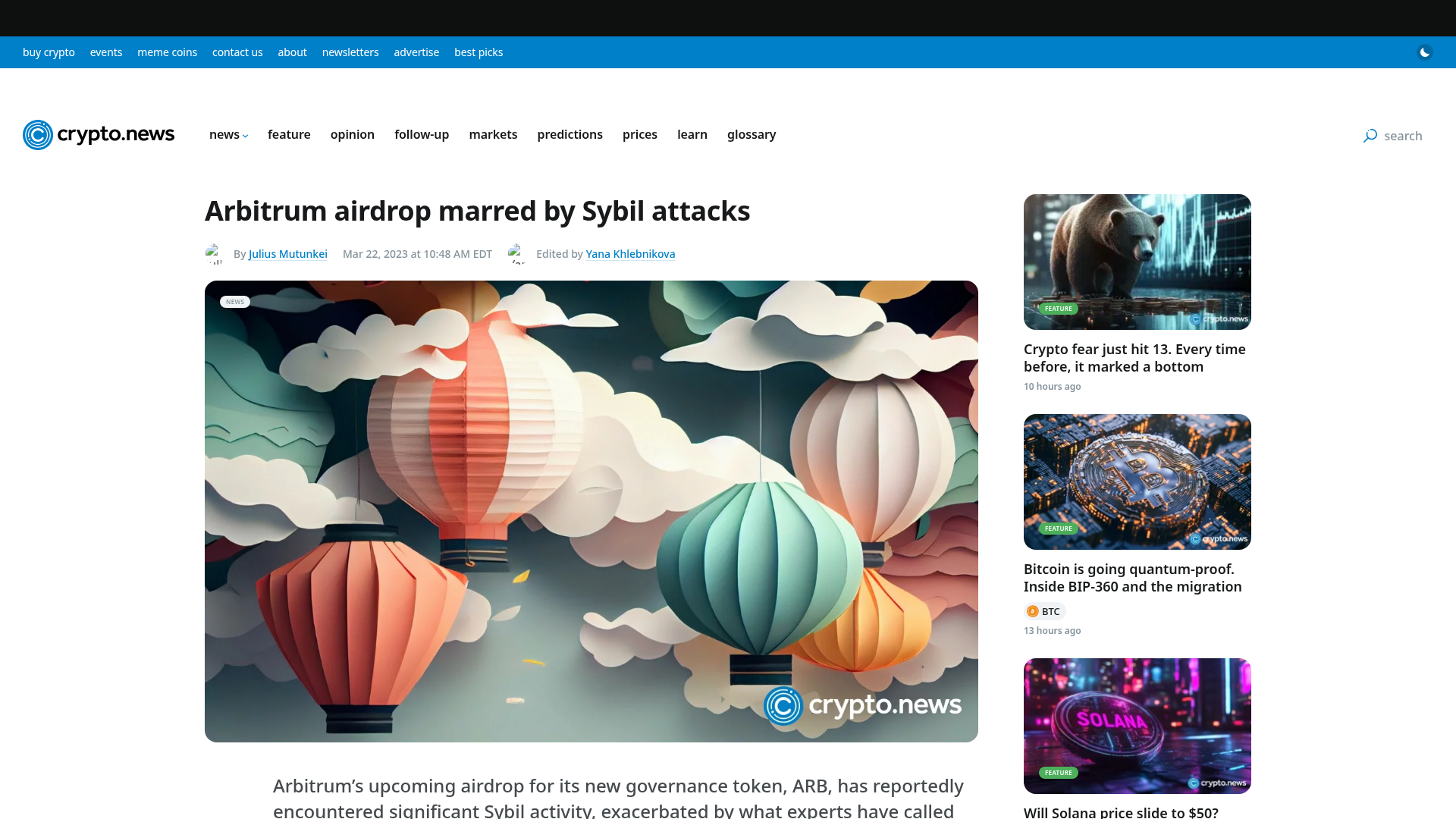 Cobertura da imprensa sobre filtros anti-sybil e exclusão de carteiras no airdrop da Arbitrum: a guerra contra a fazenda de bots é pública e documentada (fonte: Cryptonews)