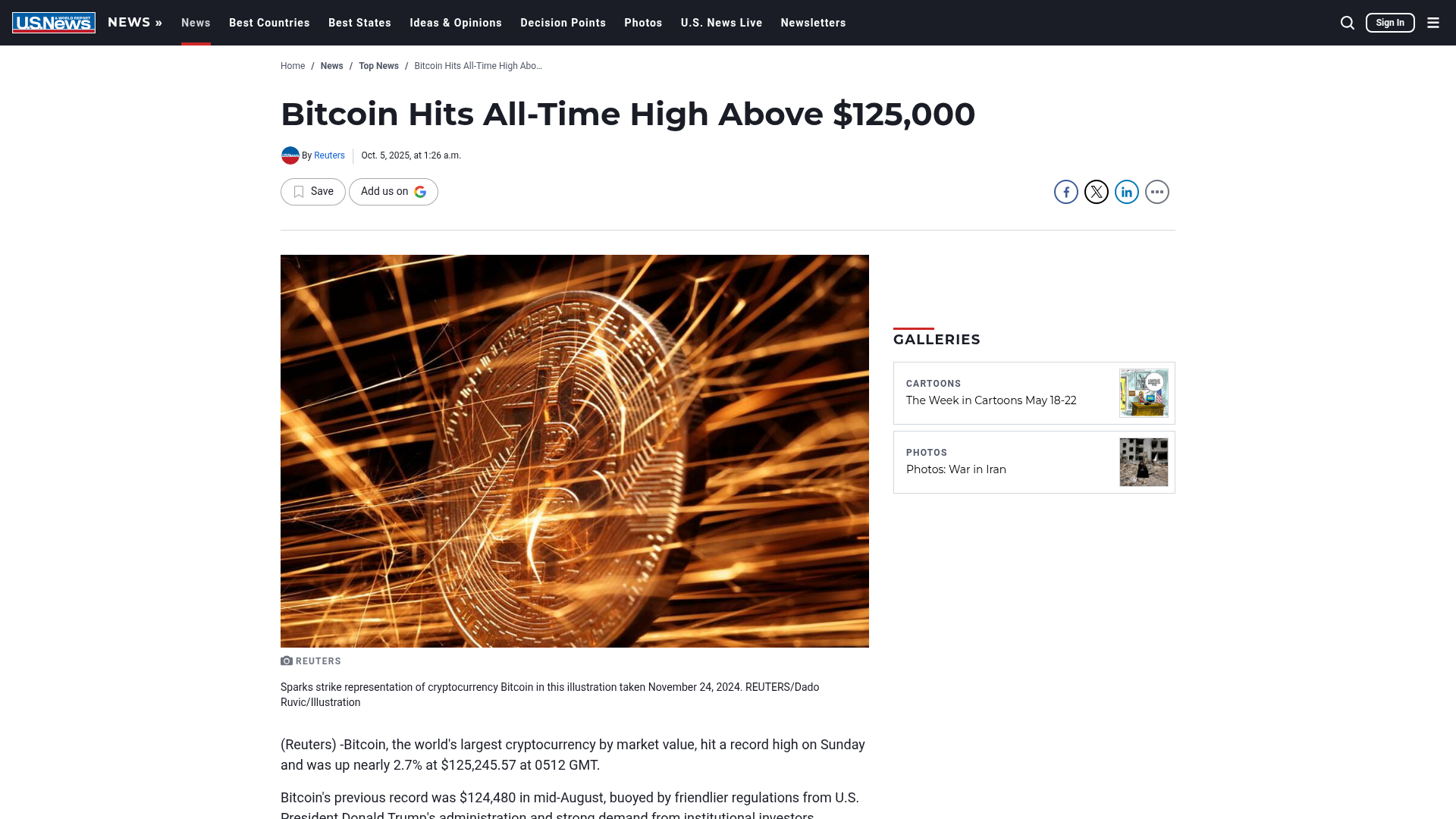 Manchete do topo histórico do Bitcoin acima de US$ 125 mil — U.S. News, outubro/2025