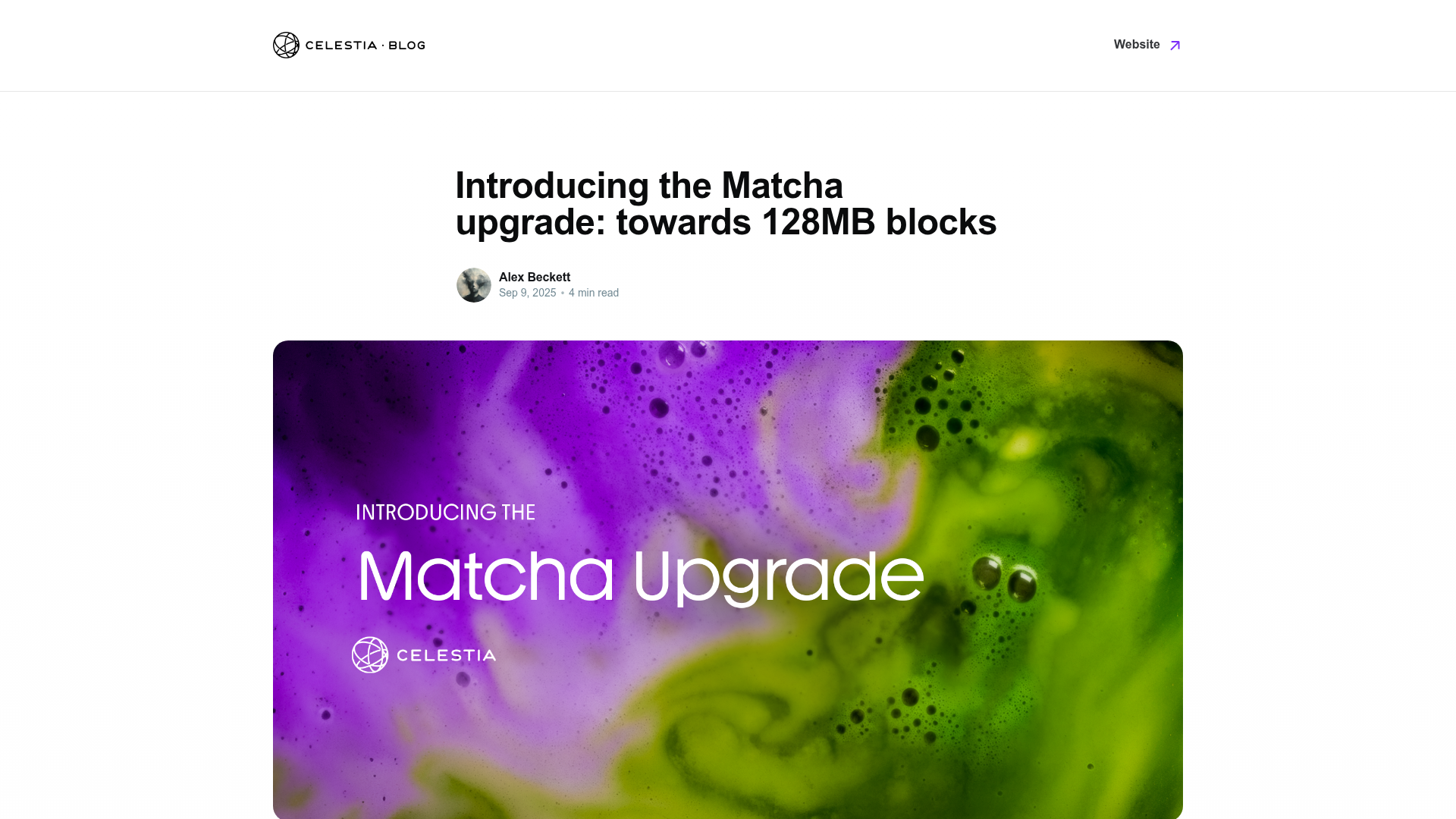 Anúncio oficial do upgrade Matcha no blog da Celestia, mirando blocos de 128MB e cortando emissão via governança — Celestia Blog, janeiro/2026