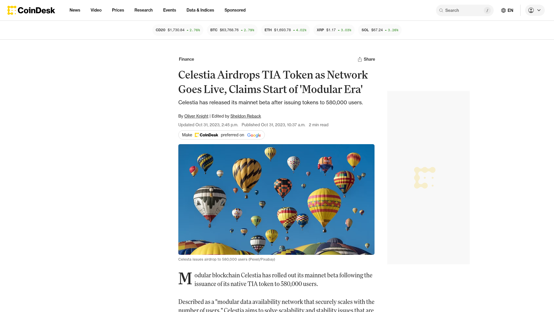 CoinDesk noticiando o lançamento da mainnet com airdrop pra 580 mil usuários e a tese da