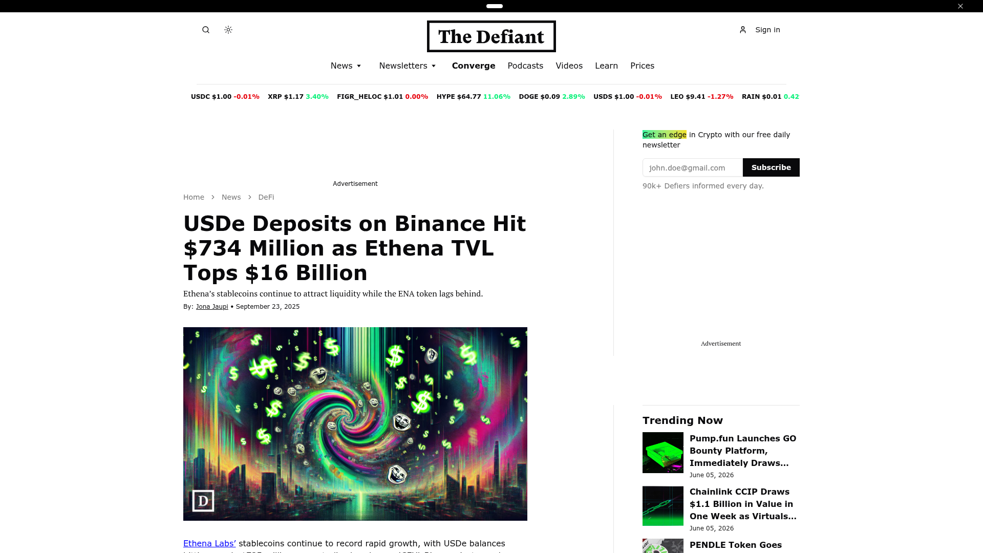Depósitos de USDe na Binance batendo US$ 734 milhões com o TVL da Ethena no topo — The Defiant, out/2025