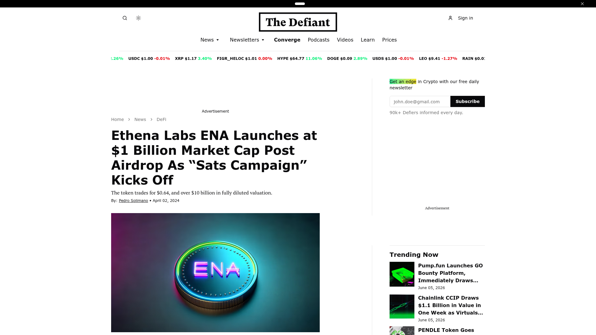 Lançamento do ENA a US$ 1 bilhão de market cap pós-airdrop, com a Sats Campaign começando no mesmo dia — The Defiant, abril/2024