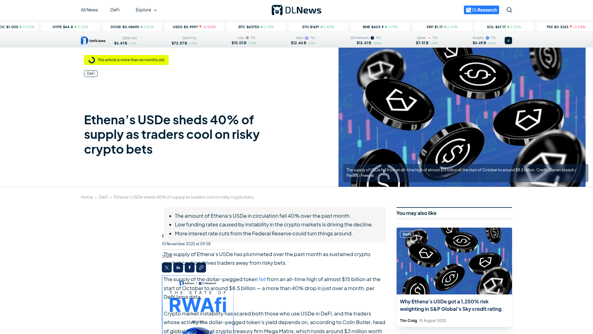 Reportagem da DL News sobre o supply do USDe encolhendo ~40% à medida que traders abandonam o risco — DL News, 2026