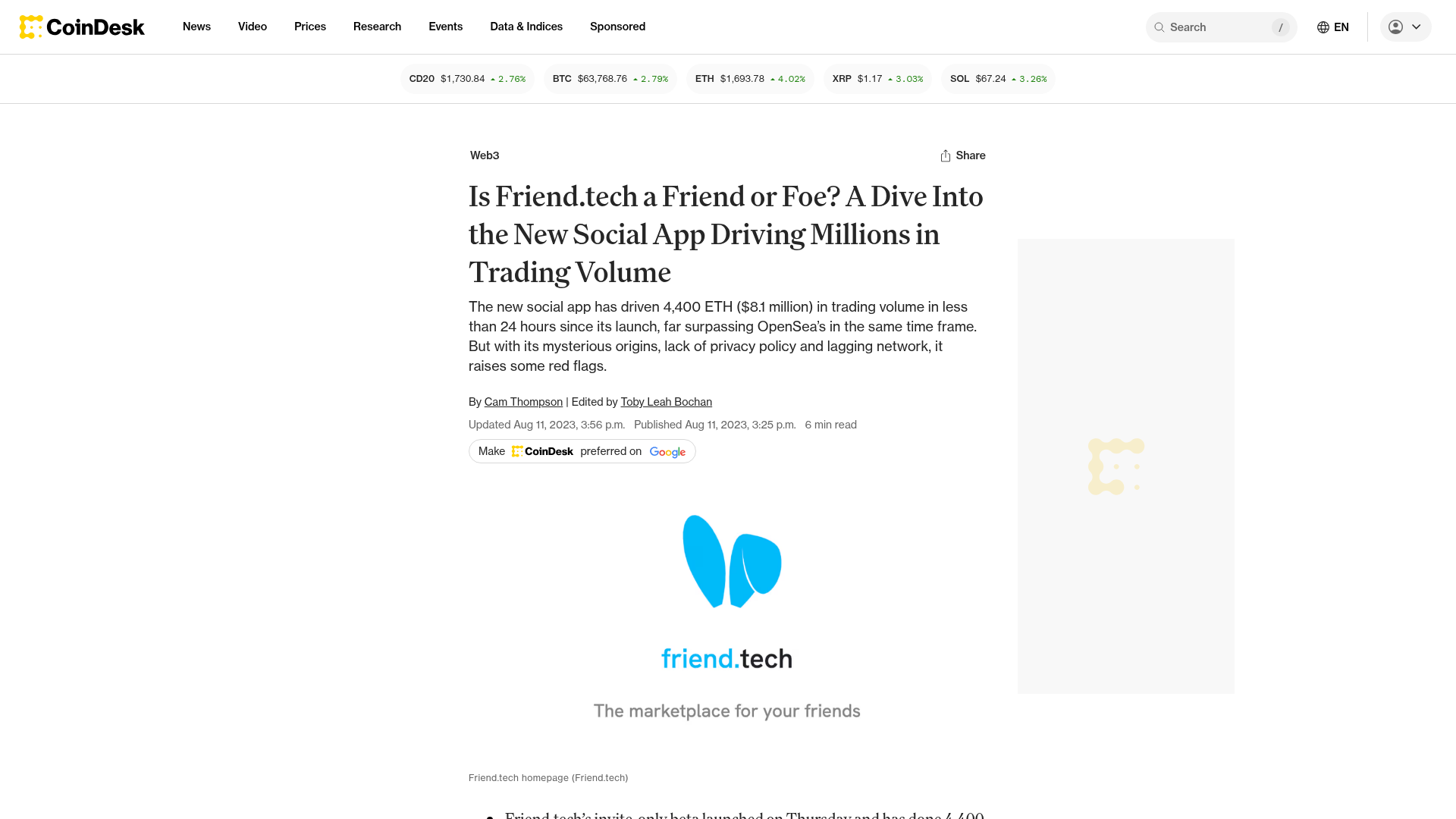 Cobertura do lançamento: o app fez US$ 8,1 milhões de volume em 24h e ofuscou o OpenSea — CoinDesk, ago/2023