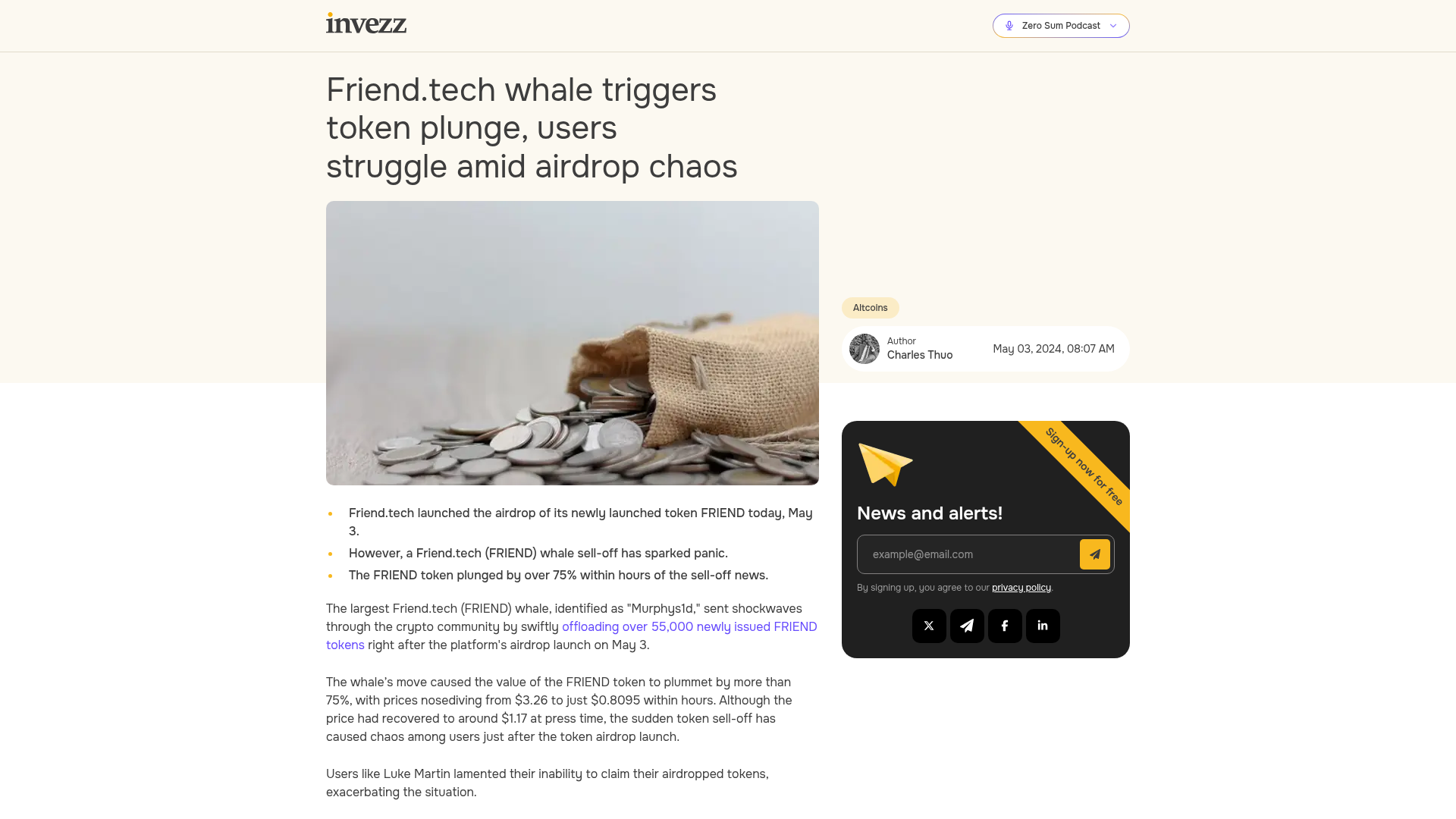 Manchete do dia do airdrop: whale derruba o token enquanto usuários não conseguem nem reivindicar — Invezz, mai/2024