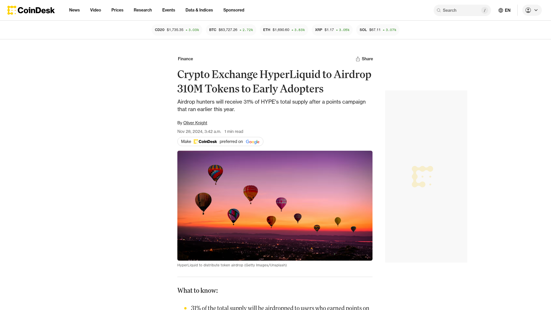 A manchete do anúncio do airdrop: 310 milhões de tokens HYPE pros early adopters — CoinDesk, nov/2024