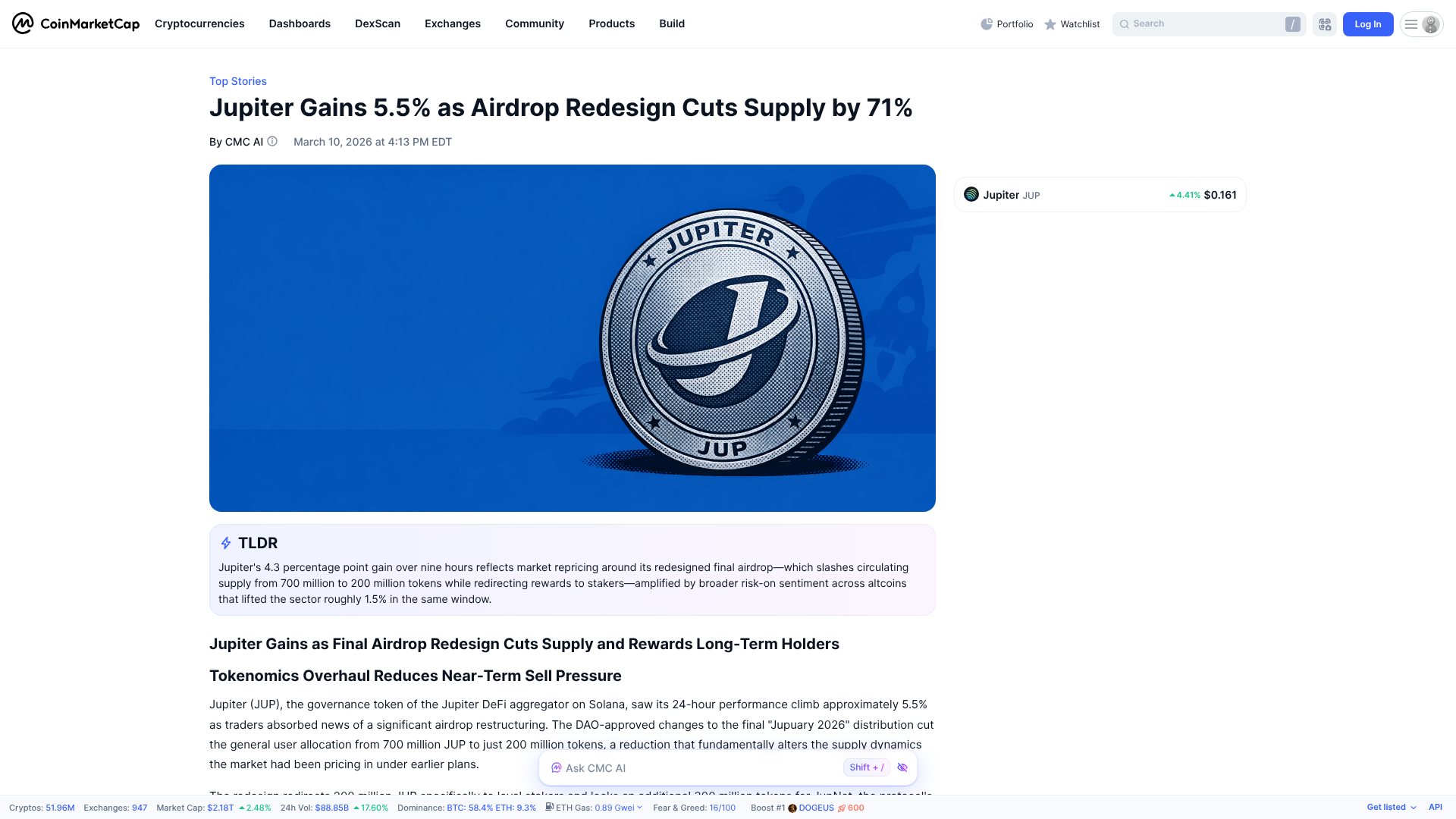 CoinMarketCap registra JUP subindo 5,5% após o redesenho do airdrop cortar 71% do supply distribuído — CoinMarketCap, jan/2026