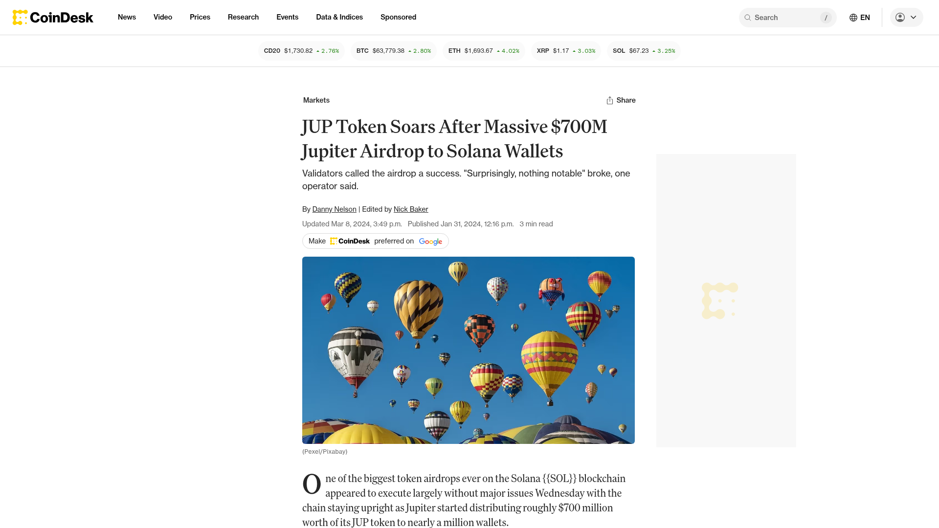 Manchete do CoinDesk sobre o airdrop de US$ 700 milhões do Jupiter para quase um milhão de carteiras Solana — CoinDesk, jan/2024