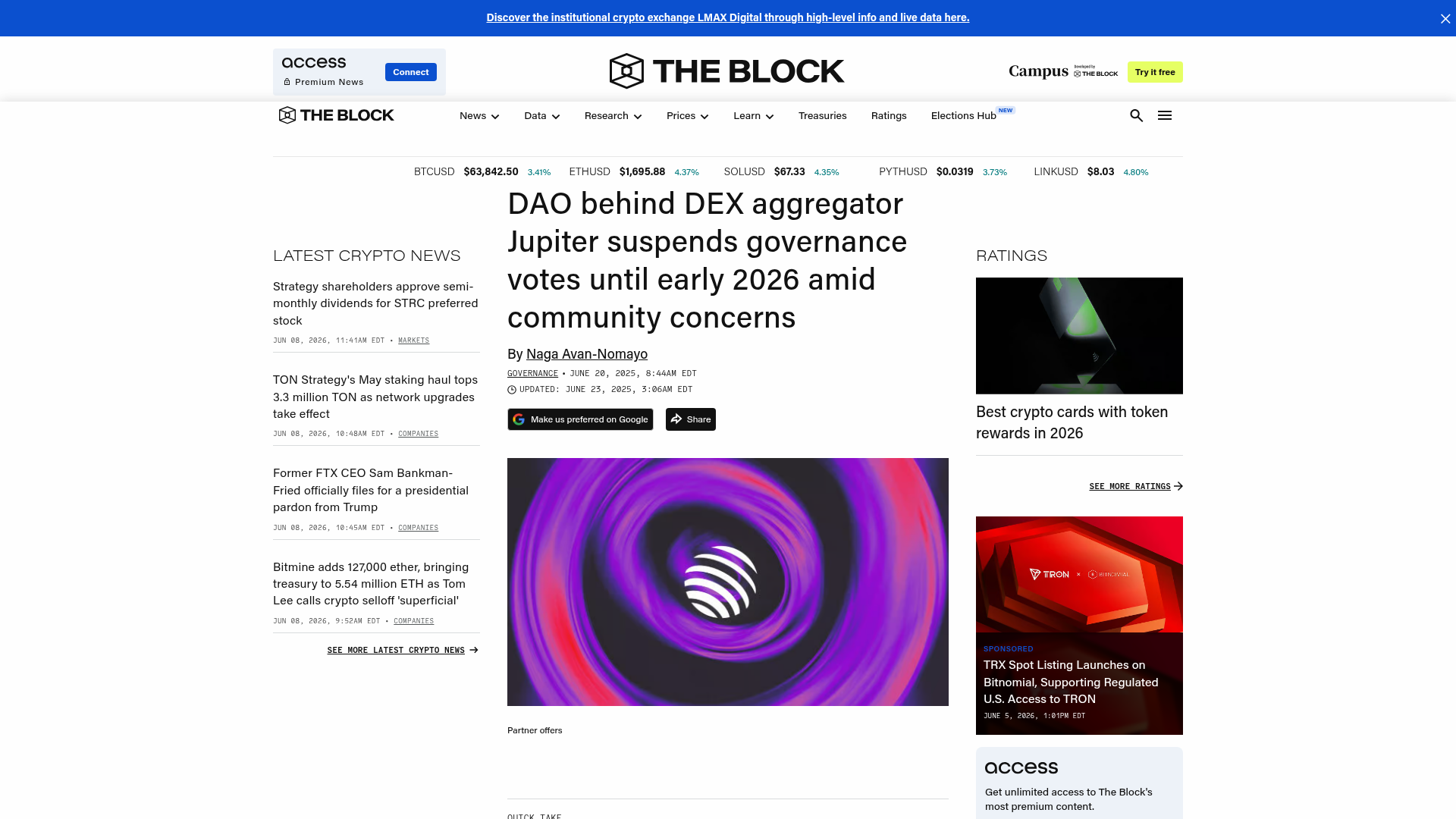 The Block noticia a suspensão da governança da DAO do Jupiter até o início de 2026 em meio a preocupações da comunidade — The Block, jun/2025