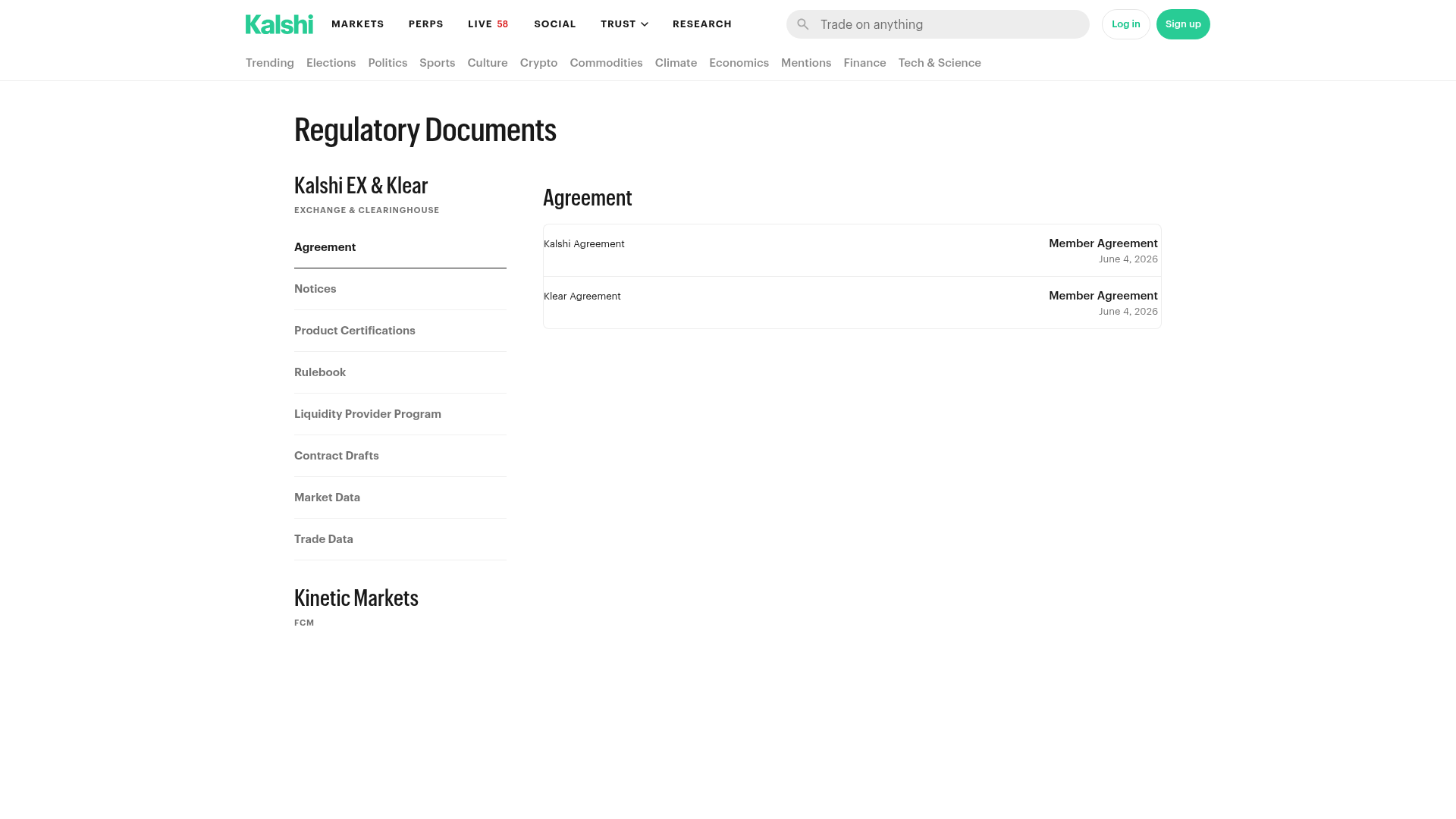 A Kalshi expõe rulebook, agreements e product certifications numa área de