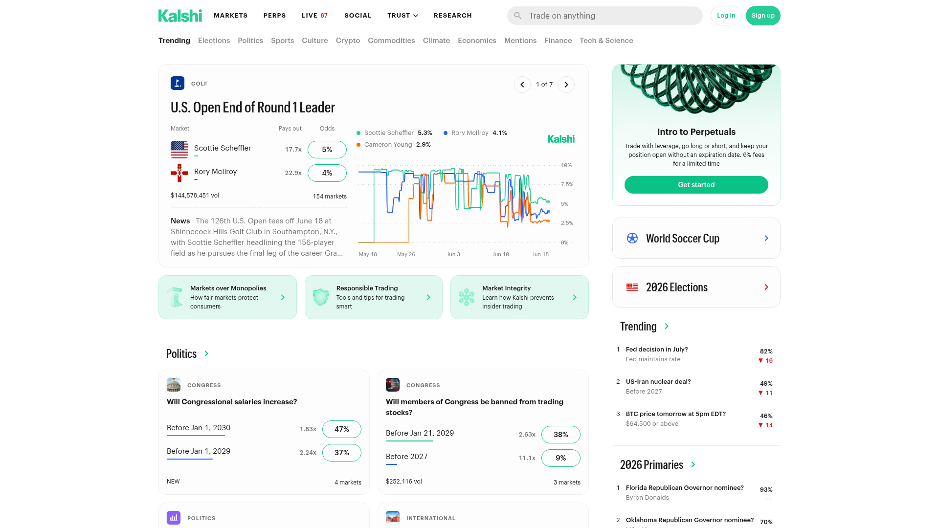 Home da Kalshi: mercados de eventos sobre política, esportes, clima e economia, operados como exchange regulada nos EUA. Fonte: kalshi.com