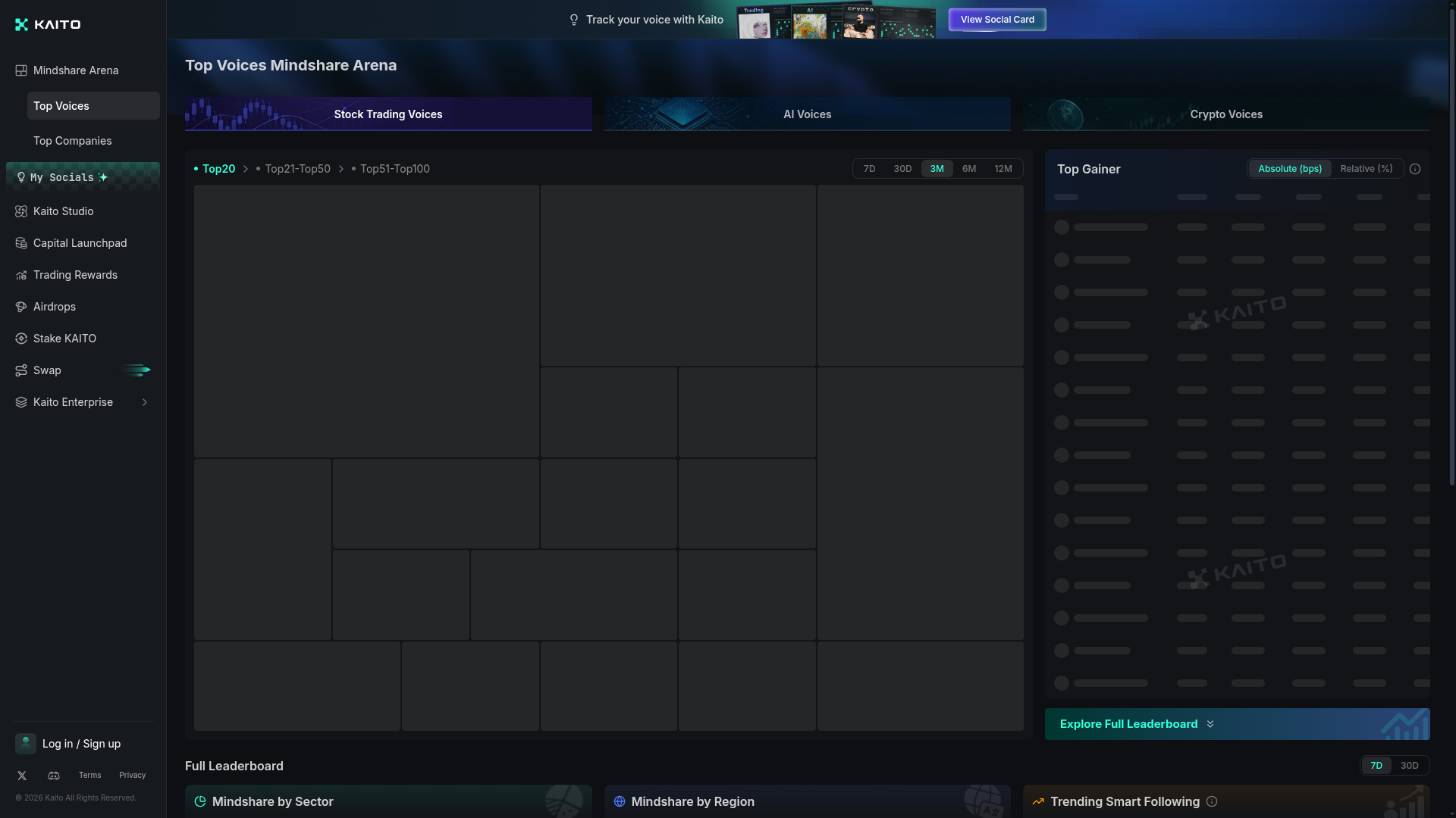 Mindshare Arena da Kaito, leaderboard que rankeia projetos e criadores por fatia de atenção