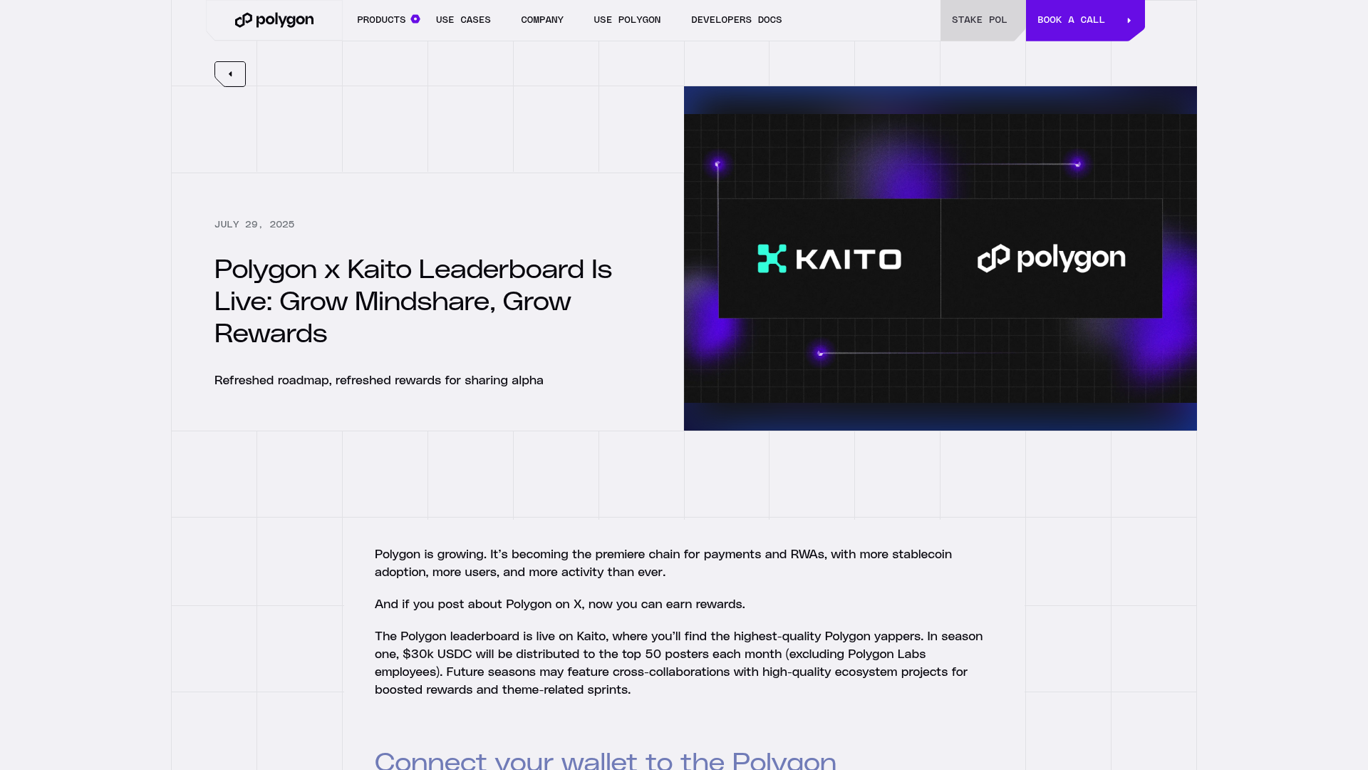 Leaderboard Polygon x Kaito: projeto recompensa em USDC quem gera mindshare relevante, InfoFi na prática, com atenção virando ativo com payout. Fonte: Polygon.