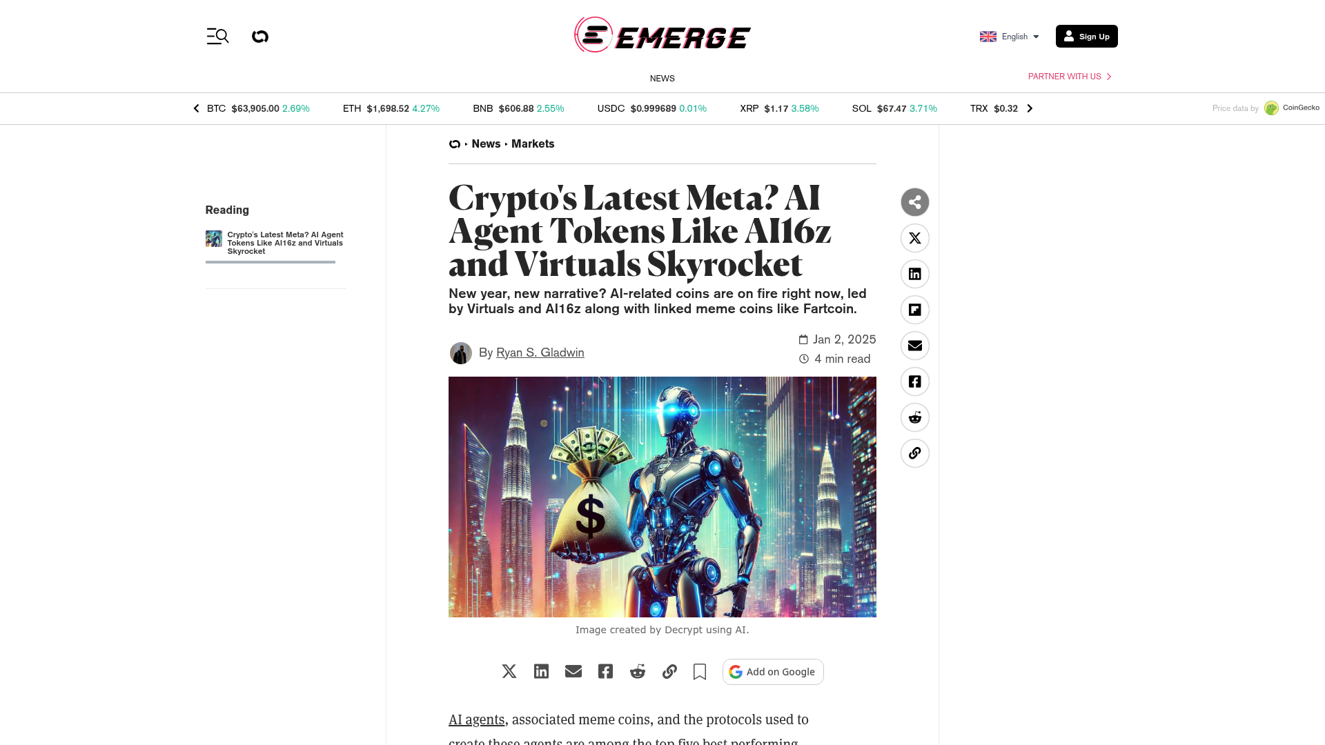 O novo meta: tokens de AI agents disparando enquanto a indústria debate se é a próxima revolução ou a próxima bolha — Decrypt, dezembro/2024