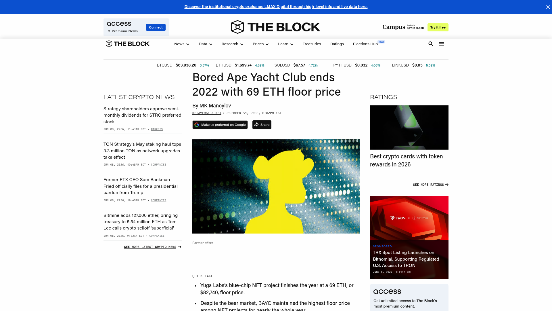 O fim da festa, em ETH: o BAYC fechando 2022 a 69 ETH depois do topo de quase 145 em maio — The Block, dezembro/2022