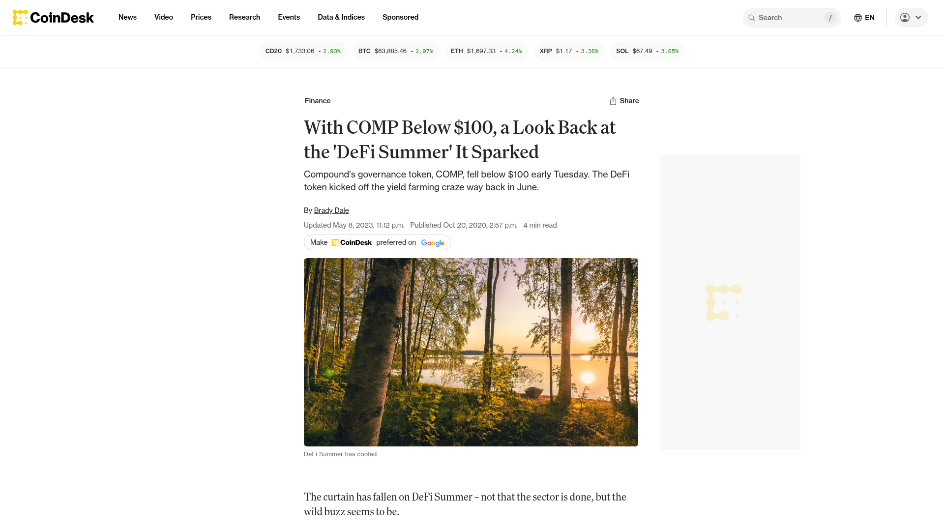 CoinDesk revisitando o DeFi Summer que o COMP detonou: o token que pagou o próprio usuário pra existir — CoinDesk, outubro/2020