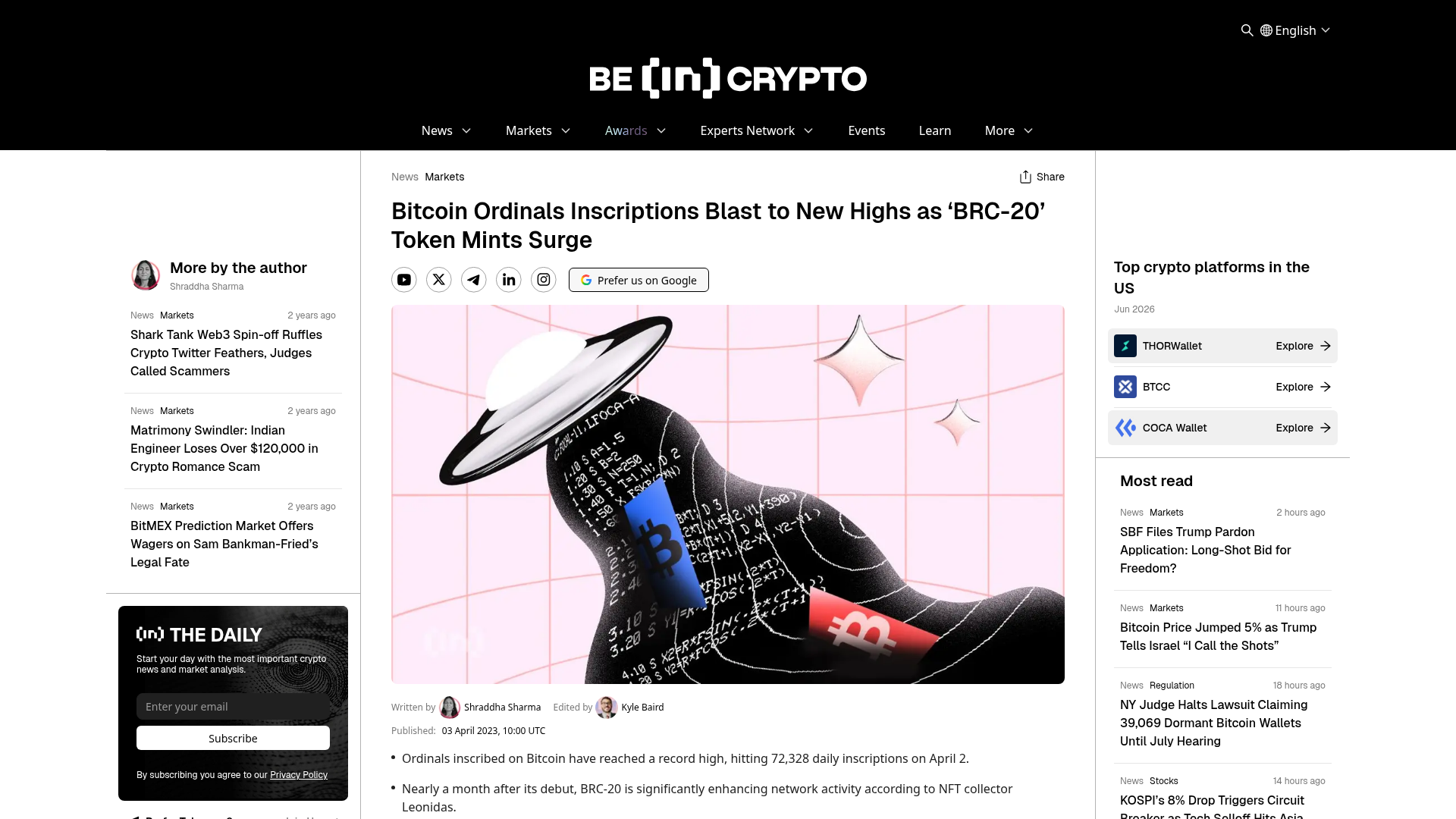 O Bitcoin entra em guerra consigo mesmo: Ordinals e BRC-20 batendo recordes de inscrições e dividindo a comunidade entre profanação e expansão — BeInCrypto, 2023