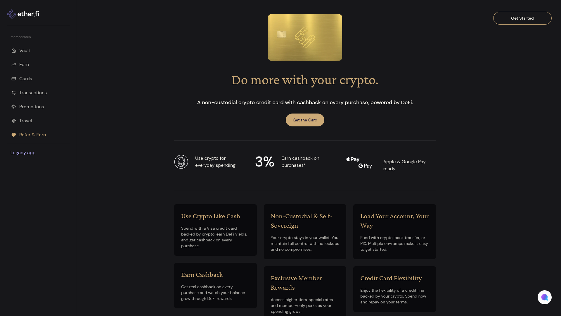 Home do ether.fi Cash: um Visa não-custodial com cashback de 3% e saldo em cripto. Fonte: ether.fi