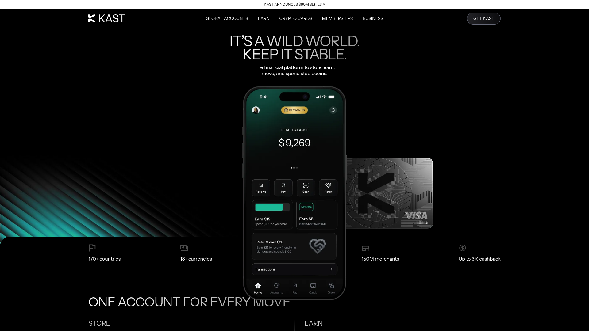 Home da Kast: app de stablecoin com cartão Visa, mais de 100 milhões de estabelecimentos e cashback. Fonte: kast.xyz