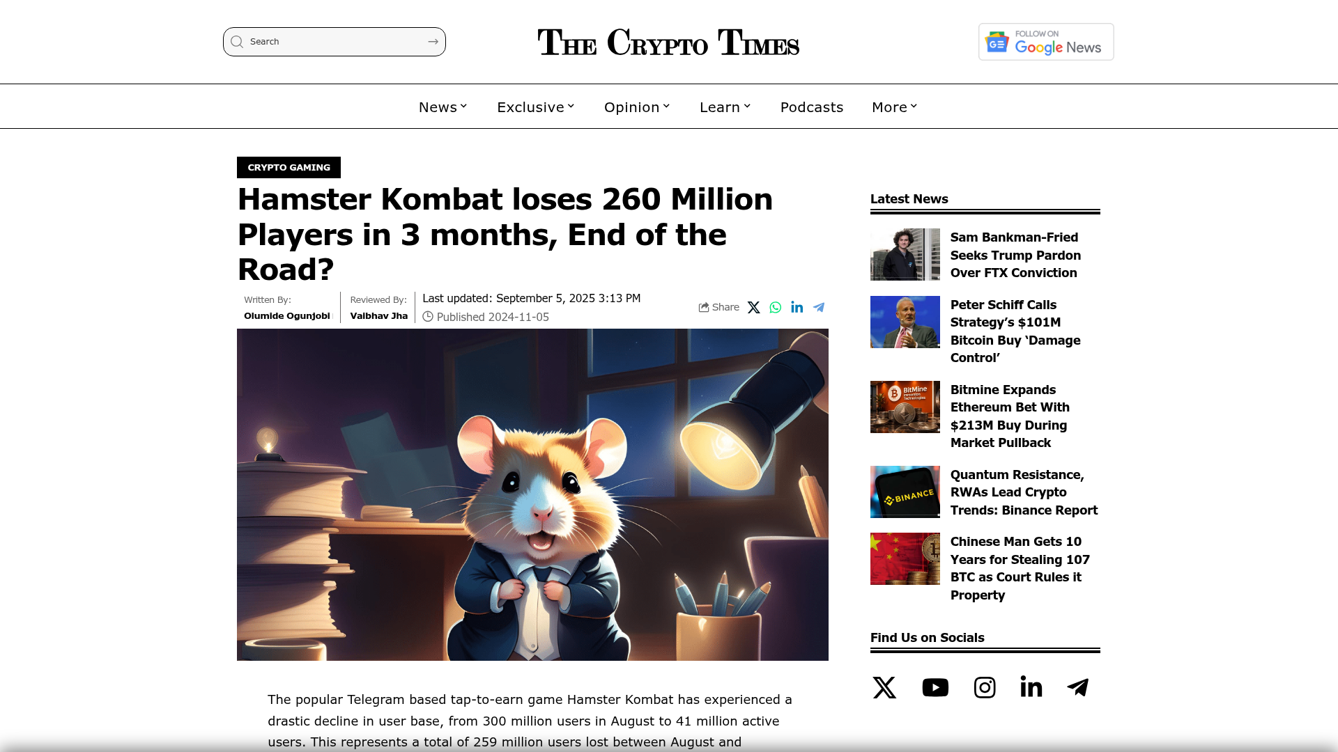 A imprensa cripto contabiliza o êxodo: Hamster Kombat perde 260 milhões de jogadores em 3 meses — The Crypto Times, nov/2024