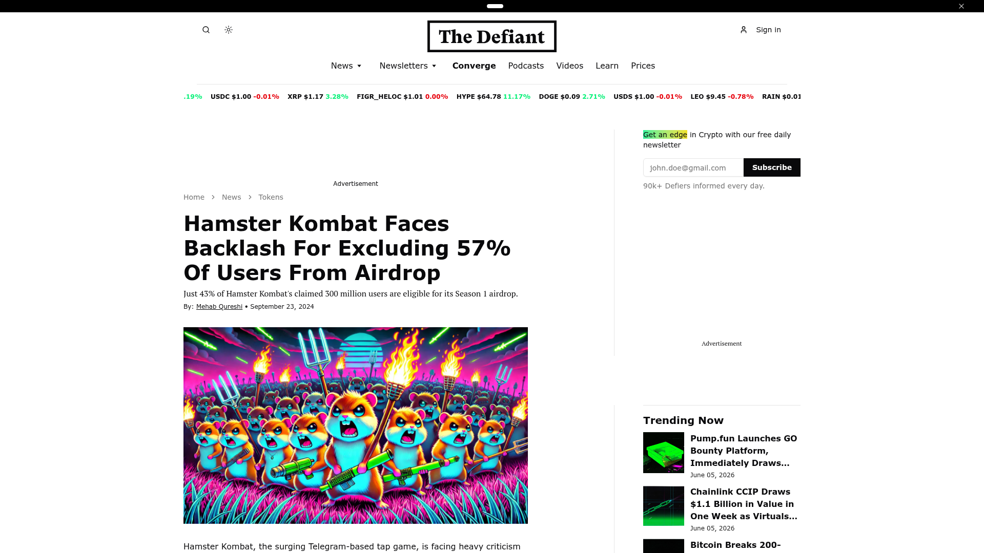 Manchete da The Defiant sobre o boicote: Hamster Kombat exclui 57% dos usuários do airdrop — The Defiant, set/2024