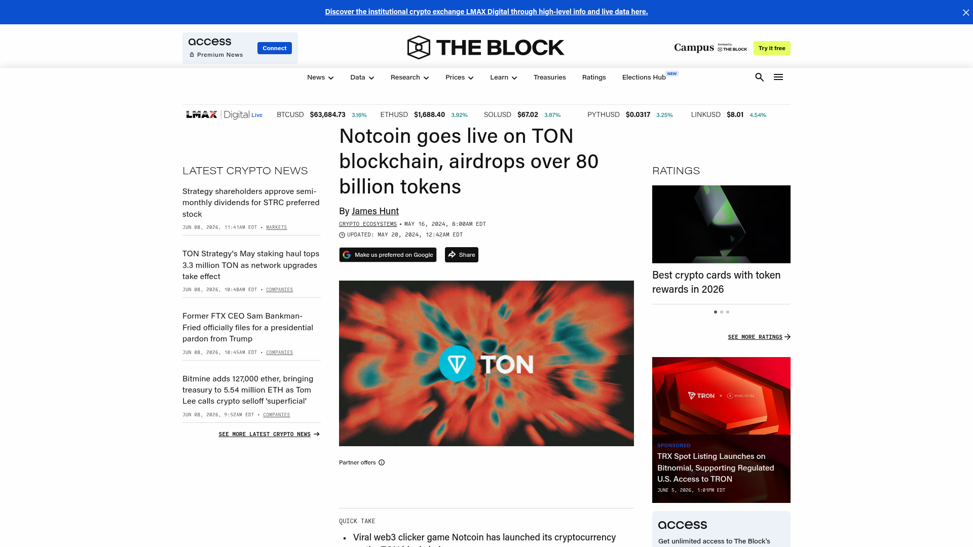 Notcoin entra no ar na TON e distribui mais de 80 bilhões de tokens no airdrop — The Block, mai/2024