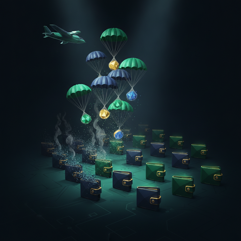 Ilustração conceitual: airdrop como paraquedas de tokens sobre um campo de carteiras, metade some em fumaça (mercenários), metade fica iluminada.