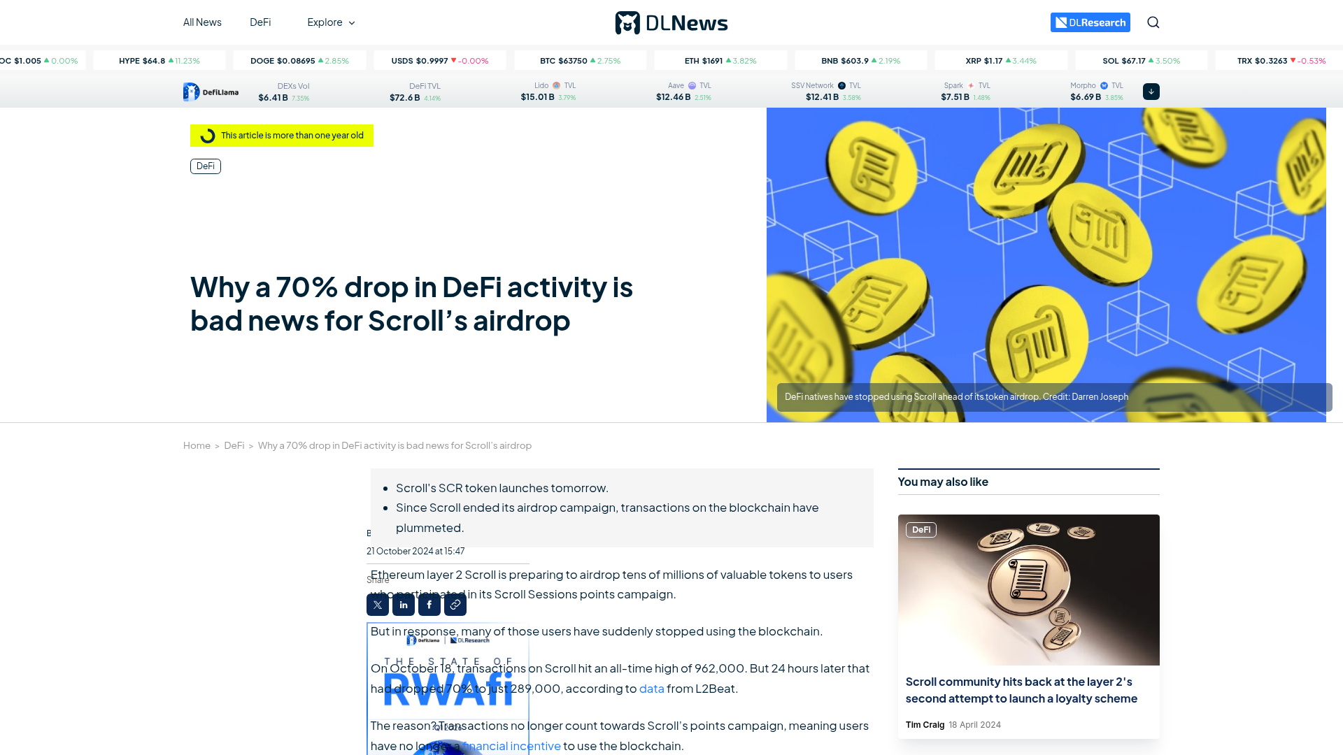 Manchete da DL News: queda de 70% em transações na Scroll antes do airdrop.