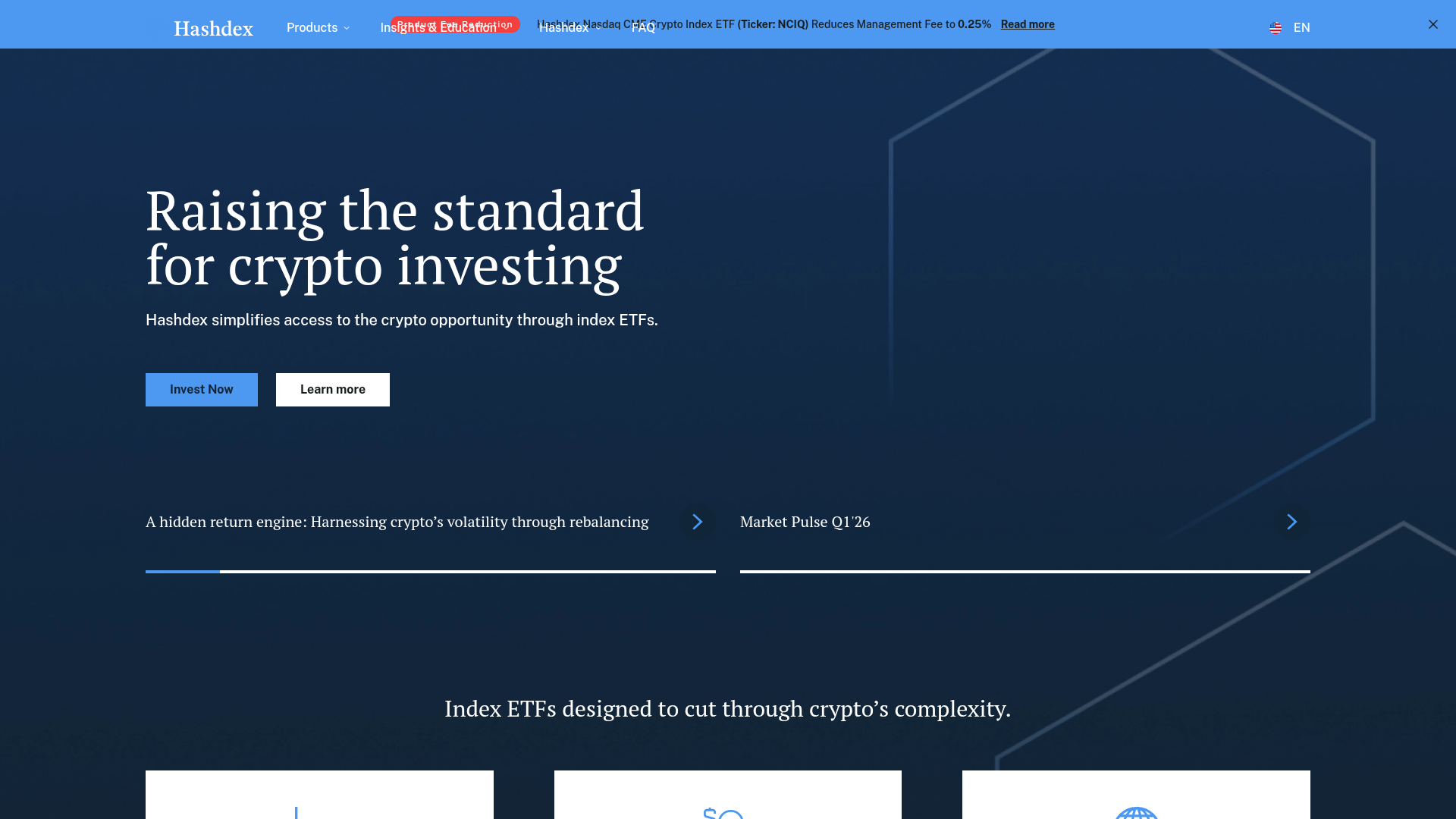 Site da Hashdex, gestora brasileira pioneira em ETFs de cripto regulados