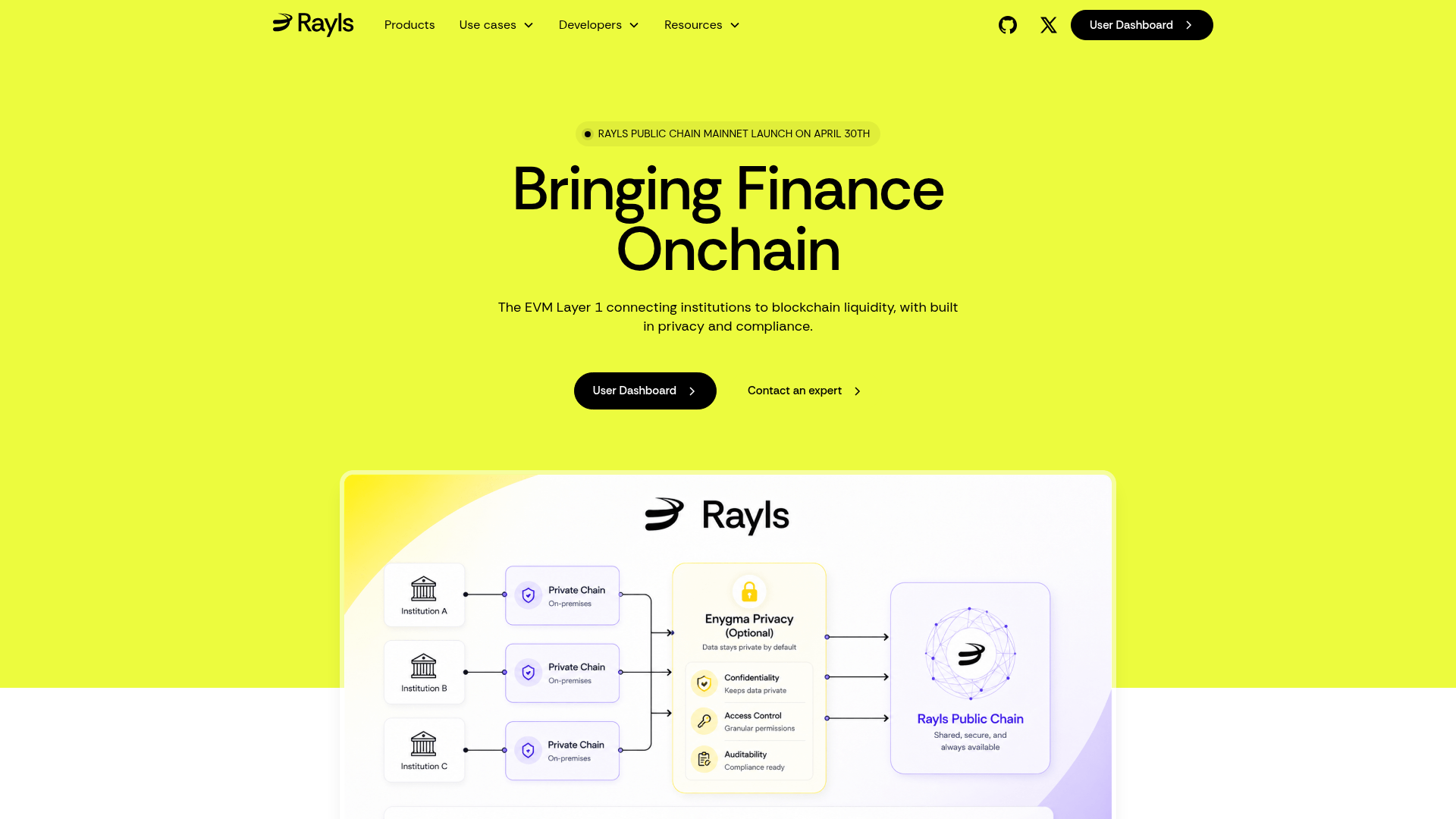 Site da Rayls, blockchain Layer 1 que conecta instituições financeiras com privacidade e conformidade