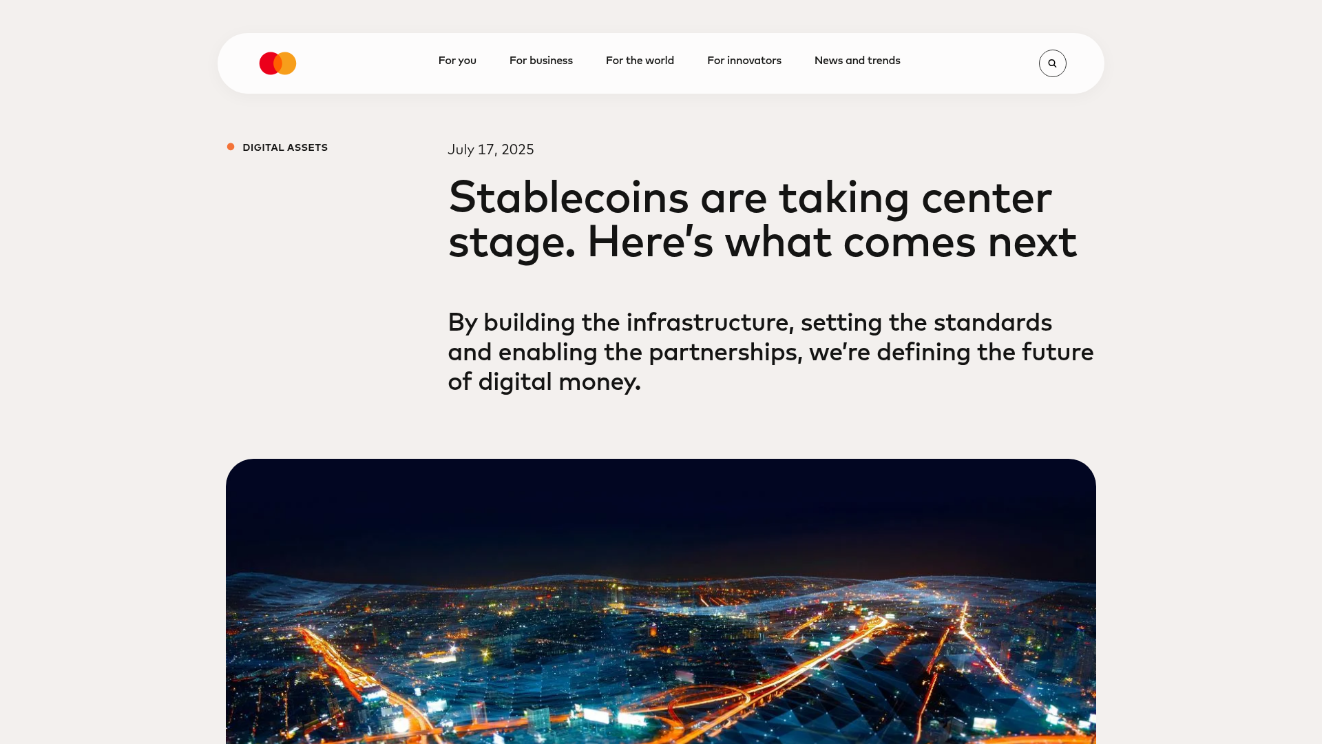 A Mastercard enquadrando o GENIUS Act como largada da próxima era cripto: o player tradicional já comprou a narrativa de stablecoin como infraestrutura — mastercard.com, junho de 2026