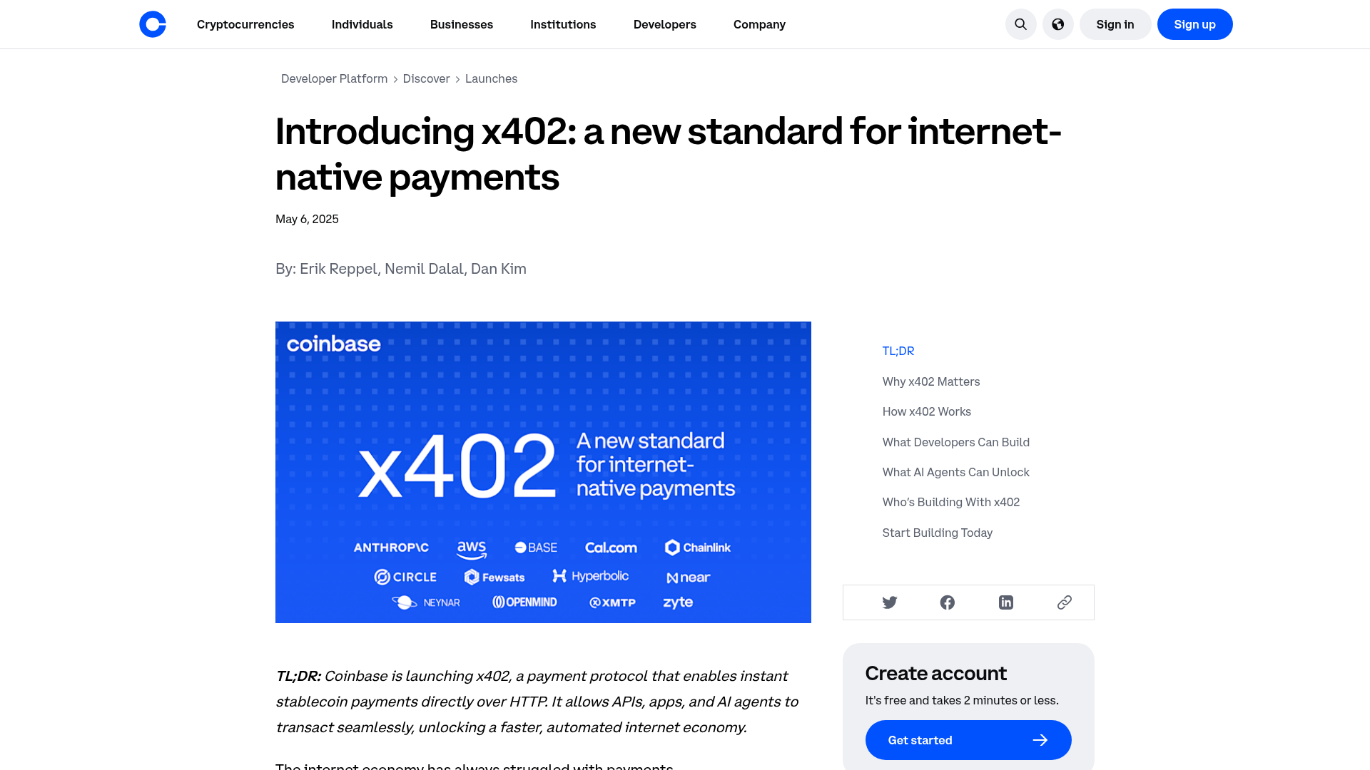 A página de lançamento do x402 pela Coinbase: