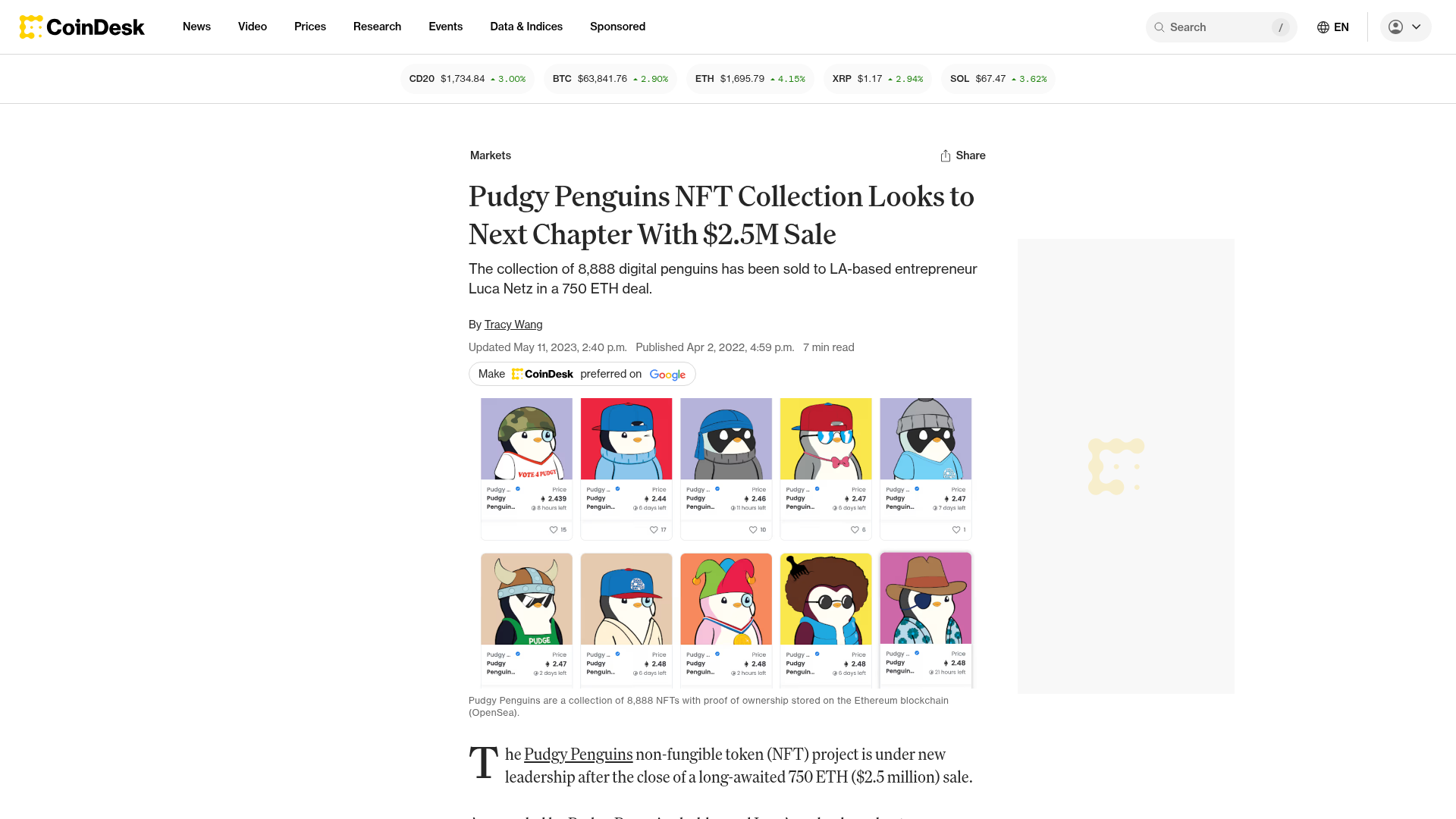 Manchete da CoinDesk sobre Luca Netz comprando a Pudgy Penguins por 750 ETH