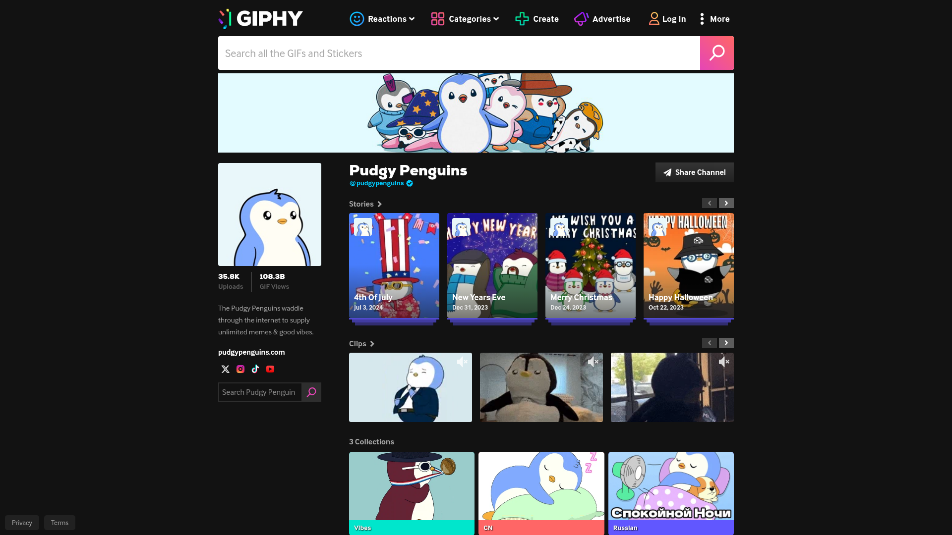 Canal da Pudgy Penguins no GIPHY, com bilhões de views nos GIFs dos pinguins