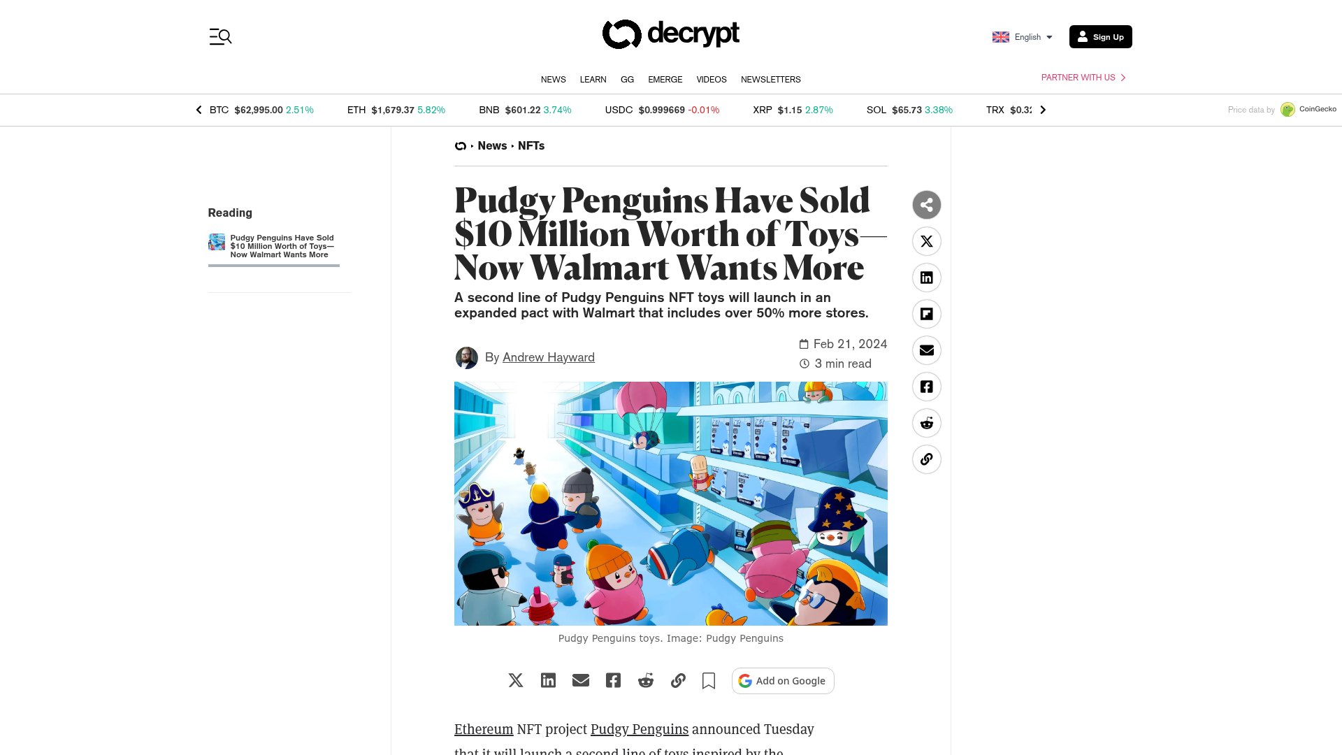 Reportagem da Decrypt sobre os brinquedos da Pudgy Penguins chegando às lojas Walmart