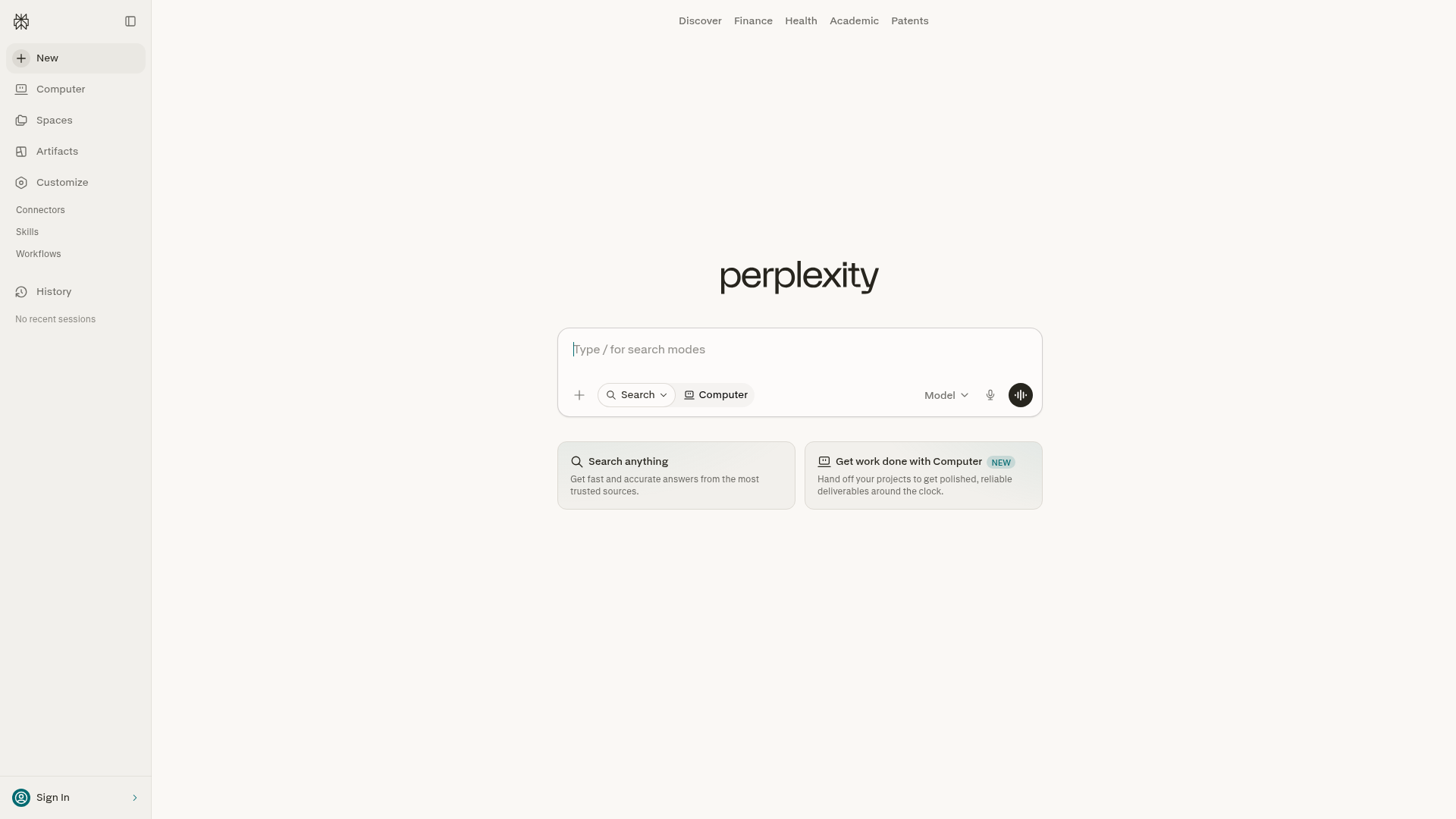 Interface do Perplexity, um mecanismo de busca generativo: o usuário pergunta e recebe uma resposta pronta com fontes citadas, em vez de uma lista de links. É o canal que o GEO mira. Fonte: Perplexity