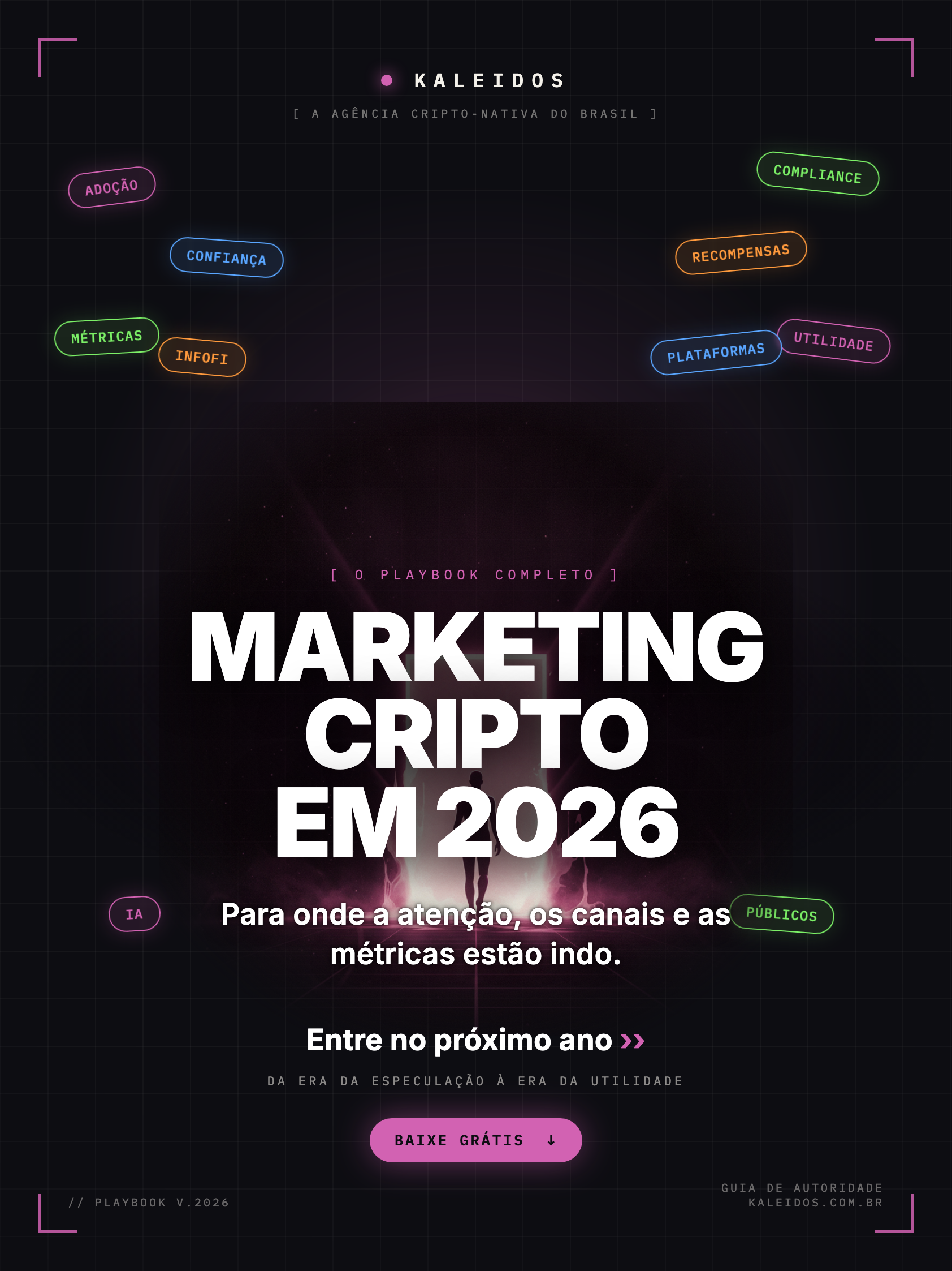 Capa do Playbook de Marketing Cripto 2026 da Kaleidos, material de referência que aprofunda cada pilar deste guia.
