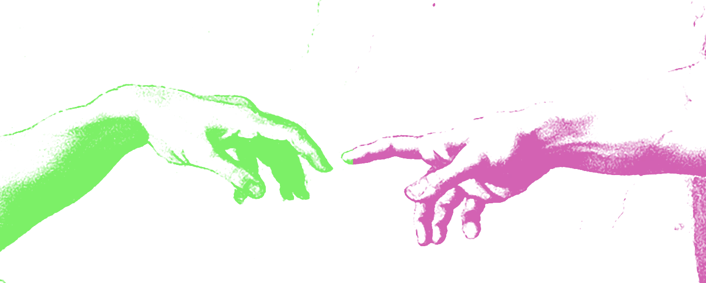 Duas mãos quase se tocando, em duotone verde e rosa Kaleidos
